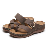 Summer Women Wedges Slippers Med Heel Platform Shoe with Metal Buckle Casual Lady Sandal