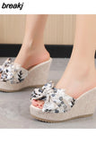Women Wedges Platform High Heels Beach Slippers Bow Thick Slides 2023 Summer Fashion Pumps Women Shoes Dress Flip