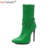 Ankle Boots Women 12cm High Heels 2023 PU Fashion Autumn Winter Large Size 34-48 Pointed Toe Rivets Decorate