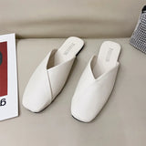Women Mules 2023 Summer Elegant Square Closed Toe Flat Slippers Female Shoes Casual Leather Black White Slides Plus Size