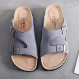 Fashion Men Beach Cork Slippers Summer Buckle Cow Suede Non-slip Outside EVA Slide