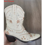 Boots For Women Pointed Toe Embriodery Mid Calf Boots Vintage Pull On Western Ankle Ridding Boots Autumn