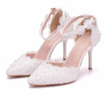 Shoes Bride White Wedding Shoes Female High Heels Ankle Strap Pumps Women's Shoes Rhinestone Lace High Heels Party