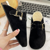 Fashion Women Winter Cork Slippers Closed Toe Artificial Fur Inside Low Heel Casual Soft Warm Fluffy Slide