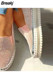 Women Autumn Sequined Round Toe Flats Sneakers Luxury Glitter Crystal Slip On Loafers Platformvulcanized Shoes Sewing Lazy