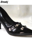 New Dropship 2023 Summer Sexy Women Mules Pump Sandals 7cm Thin High Heeled Big Size 43 Open Sole Moto Biker Rivets