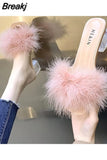 Sandal Women Summer Outdoor Fashion Slippers Square Toe High Heels Office Ladies Feather Slides Chic Classics Furry