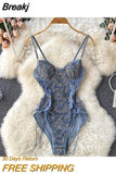 See Through Mesh Patchwork Flowers Embroidery Bodysuit Women Adjustable Spaghetti Strap Padded Lace Up Bandage Body