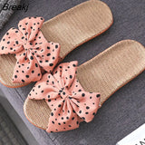 Bowknot Linen Slippers Women Japanese Cute Wave Point Home Indoor Shoes Non-Slip Women's Linen
