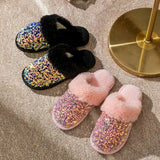 Sequins Home Fur Slippers Women Winter Keep Warm Plush Flat Cotton Shoes Woman Indoor Bedroom Soft Sole Fluffy