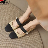 Flat Shoes Women Spring Autumn Mary Jane Shoes Square Toe Single Shoes Pearl Buckle