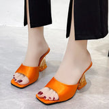 Green Women's Shoes Slippers Silky Wide Band Transparent Strange High Heels Comfortable PU Leather Slides Sandals