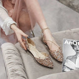 Women Luxury Rhinestone Ballet Flats Cross-Tied Lace Up Flat Shoes Woman Crystal D'orsay Wedding Shoes Glitter