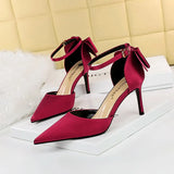 Breakj Korean Version Of Sweet Women's Shoes Fine Heel High Heel Shallow Mouth Pointed Silk Hollow Bow After A Word With