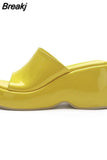 Dropship 2023 Summer Brand New Women Single Band Platform Sandals Black Nylon Chunky Platform Wedges Slipper