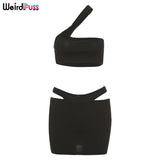 Puss One Shoulder 3 Piece Set Women Sexy Vacation Outfits Strapless Top+Briefs+Mini Skirt Skinny Party Matching