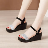 Heel Sandals Women's 2023 Summer New Muffin Thick Bottom Waterproof Table With One-Word Buckle Sequins And Large-Size