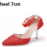 Queen Women Lace High Heels Banquet Wedding Shoes Bridal Sandals Pointed Sweet Wild Single Pumps Large