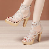 High-Heeled Diamond Roman Sandals Summer 2023 New Fashionable Thick Heels Fishmouth Sandals Large Size Open-Toed