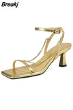 Women's Shoes 2023 Brand Square Toe Gladiator Sandalias Summer Chain Gold High Heels Women's Sandals Fashion Party female