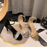 Women Cool Black High Quality Summer Open Toe Stiletto Heel Sandal Shoes Lady Summer Rhinestones Shoes Buckle Strap Heel