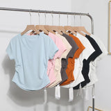 Recommended For The Summer V-Neck Front Shoulder Short-Sleeved T-Shirt For Girls Slimming Hottie Drawstring Irregular Top
