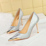 Breakj National Style Women's Shoes High Heels Silk Thin Heel Shallow Metal Pointed Head Satin Banquet High Heel Singles