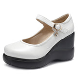 Breakj Head 8CM High-Slope And Waterproof Table Single Shoe Round Head Buckle Loose Cake Thick-Soled Mother Shoes Flat Bottom Shallow Women's