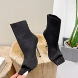 Spring Square Peep Toe Stretch Fabric Knitting Ankle Sock Boots Women Fashion Thin High Heels Dance Shoes Botas Beige