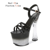 2023 New Platform Sandals Women Summer Sexy Square Heel Cross Belt High Heels 17cm Bling Ladies Strip Pole Dance