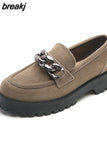 Size 34-42 Casual Loafers For Women Real Leather Flats Platform Shoes Fashion Chain Chunky Heel Ladies Retro
