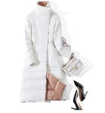 Women Double Sided Down Long Jacket Double Breasted Snow Outwear Warm Parka Stand Collar Lapel 90% White Duck Down