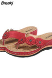 Women 2023 Summer Floral Wedges Flip Flops Pu Sewing Bohovintage Flower Outdoor Slippers Ladies Casual Beach Shoes