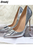 silver bow decoration gold pointed toe 8cm 10cm 12cm high thin heel dating party plus size ladies pumps YG052