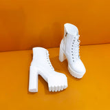 Boots Round Toe Block High Heel 14cm Platform Zipper Lace Up Plus Size 35-43 Party Booty Solid Platform Boots Ladies