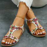 Women's T-Strap Colorful Beaded Flat Sandals Open Toe Elastic Ankle Strap Gladiator Shoes Woman Summer Bohemian Beach