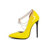 Office Lady Classic Pumps Spring Autumn Thin Extreme High Heels 12cm Stilettos Chain Decorate Glossy PU Leather Party