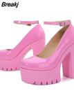 Spring Chunky Heeled Ankle Strap Pumps Sweet Platform Pink Square Heel Woman High Heels Pumps Platform Shoes Woman
