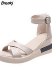 2023 Women Wedges Pu Leather Sandals Buckle Strap Korean Style Solid Platform Side Open Casual Ladies Slingbacks