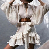 Early Autumn Women New O Neck Lantern Sleeves Dress Casual Solid Color Thin Ruffled Dresses Office Lady Party