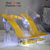 Glowing Sandals Women 2023 Summer New Flowers Transparent High Heels 14.5cm Platform Thick heel Ladies Banquet