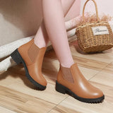 Heel Boots Women's 2023 New Fashion Light Leather Boots Brown Round Head Mid Heel Slip on Ankle Women's Shoes Women
