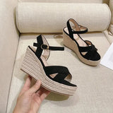 Sandals Espadrilles Platform 2023 Women's Clogs Wedge Suit Female Beige Heel Shoe Thick Square Toe Buckle Strap