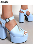 Zipper Embellished Super High Chunky Heel Square Toe Peep Toe Sandals High Waterproof Platform Ankle Belt Buckle
