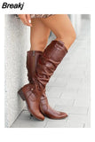 New Fashion Low Heel Side Zip Size 43 Suede Thigh High Women's Boots Retro Woman Booties Autumn Winter Knee High