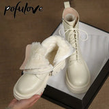 Real Fur Boots for Women Winter Shoes Genuine Leather Black White Ankle Booties Wool Warm Flat Platform Chunky