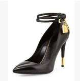 Lock High Heel Pointed Toe Pump Ankle Strap Metal Heels Padlock Pumps Low Cut-out Patchwrok Banquet Dress Shoes Plus