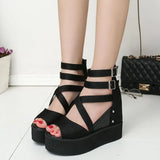 New High Heels Women Sandals Korean Female Zipper Hollow Roman Platform Sandals Increased Wedges Women's