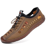 Men's Leather Casual Shoes Soft Bottom Men's Handmade Stitching Hollow Sandals Breathable Outdoor Work Shoes for