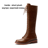 Women Genuine Leather Knee High Boots Round Toe Flat Zipper Ladies Boot Concise Lace-up Long Booties Autumn Winter